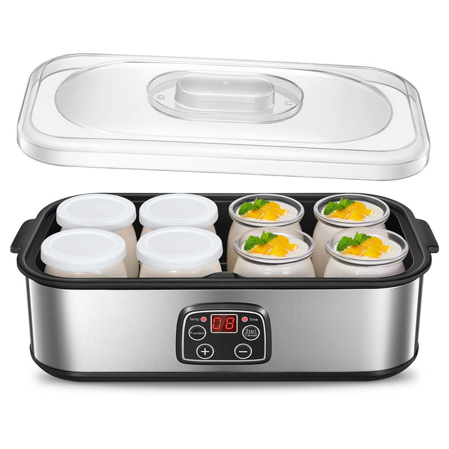 Yogurtiera Elettrica con LCD Display, Fohere 8 Vasetti da 180 ml in Vetro, Timer 48 Ore e Controllo Costante Della Temperatura, BPA Free, Macchina Yogurt Vegano