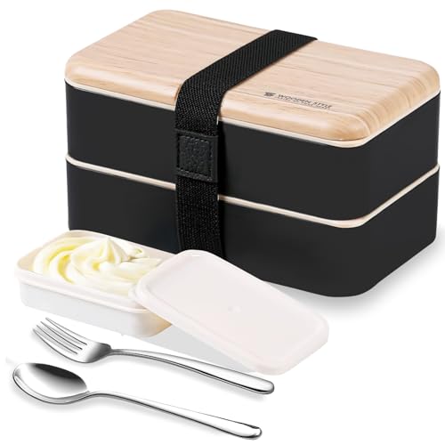 Lunchbox portapranzo Scatole bento box contenitore originale divisore bundle stile giapponese con cucchiaio e forchetta in acciaio inox (Nero)