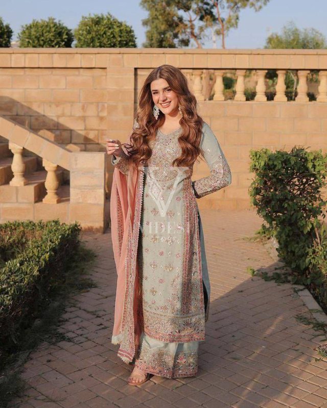 Roma Faux Georgette Embroidered Sharara Set with Sequin Work & Lace Dupatta