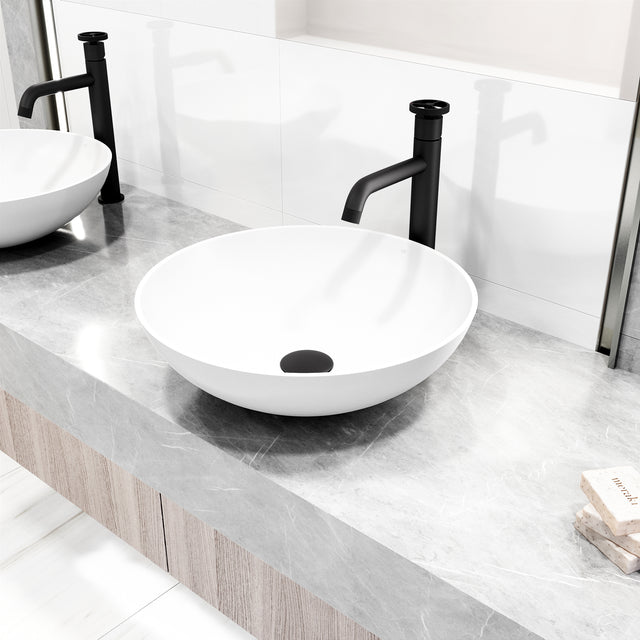 Matte Stone Round Vessel Bathroom Sink with Faucet and Pop-Up Drain
