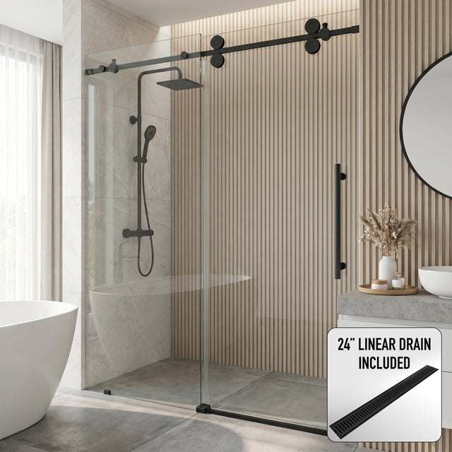 Elan 52-56 in. W x 74 in. H Frameless Sliding Shower Door in Matte Black with 3/8 in. (10mm) Clear Glass and Elan 24 in. Linear Shower Drain