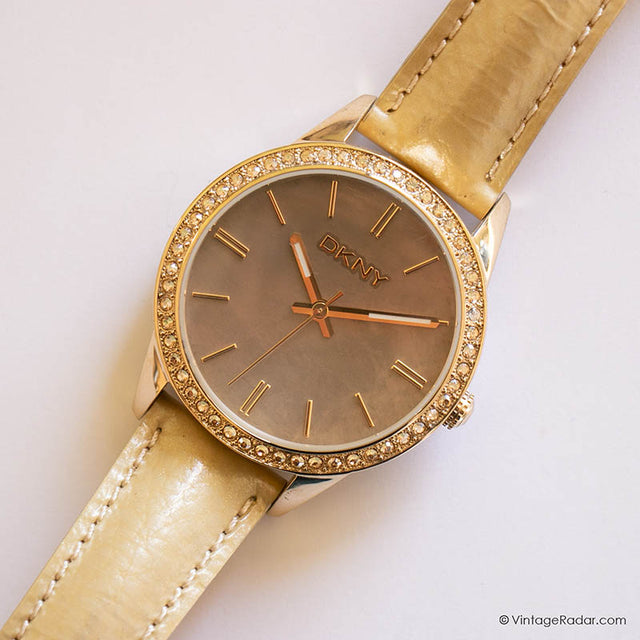 Vintage DKNY Gold-tone Watch for Women with Gemstones & Pearly Dial