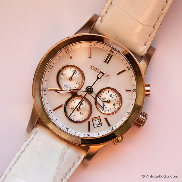 Vintage 38-mm Rose-Gold DKNY Chronograph Watch for Her with White Strap