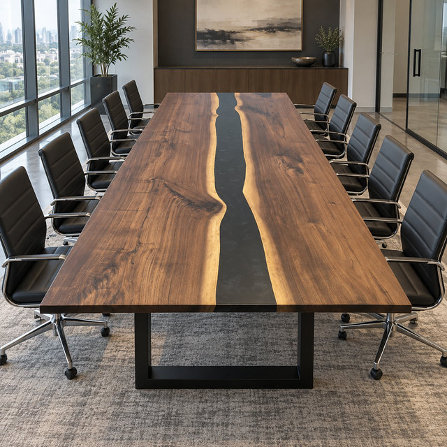 Black Walnut River Epoxy Conference Table with Matte Black Resin