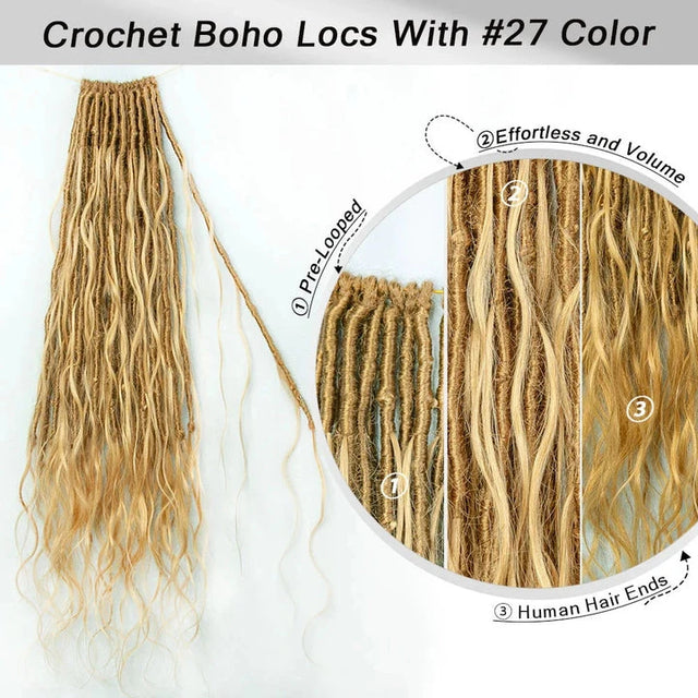 #27 Honey Blonde Pre-looped Crochet Boho Locs With Body Wave Hair Curls