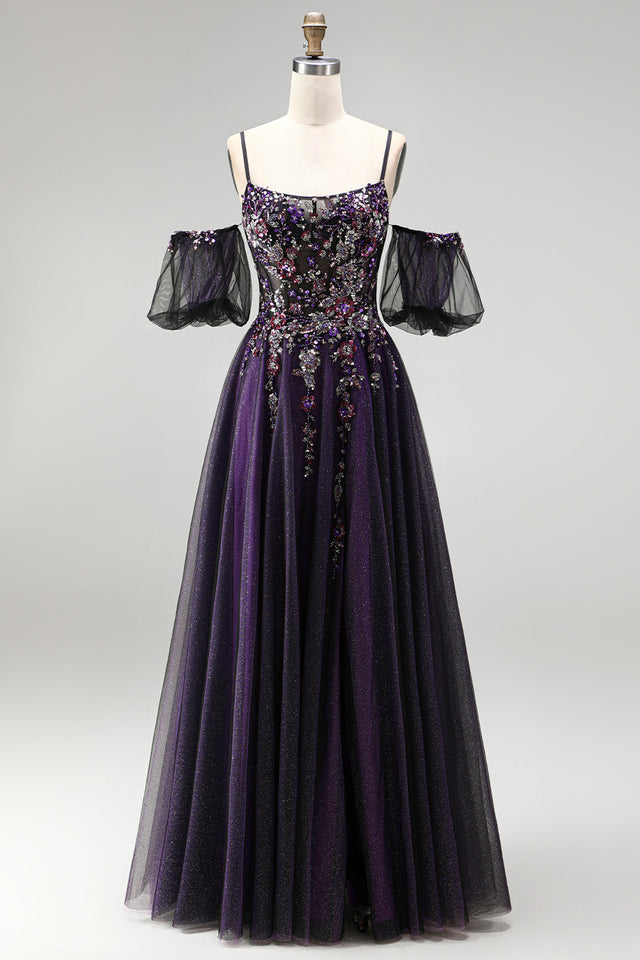 Dark Purple Rhinestone Appliques A-Line Glitter Long Prom Dress with Puff Sleeves