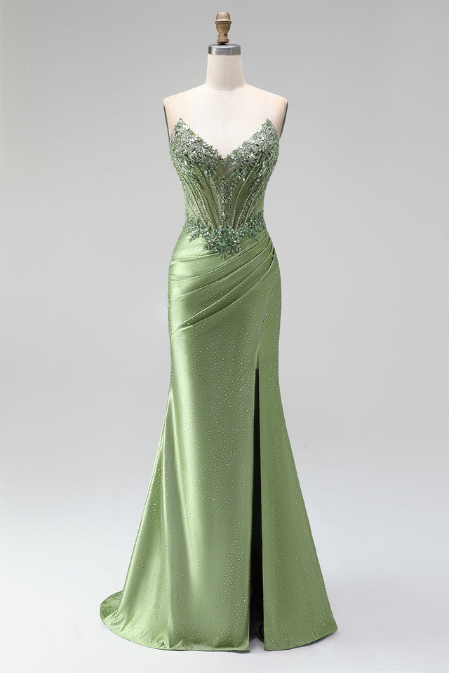 Green Corset V-Neck Rhinestone Sheer Satin Ruched Beaded Long Prom Dress with Slit