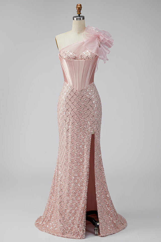 Pink Satin Mermaid Sequins Pearls One Shoulder Corset Long Prom Dress with Slit